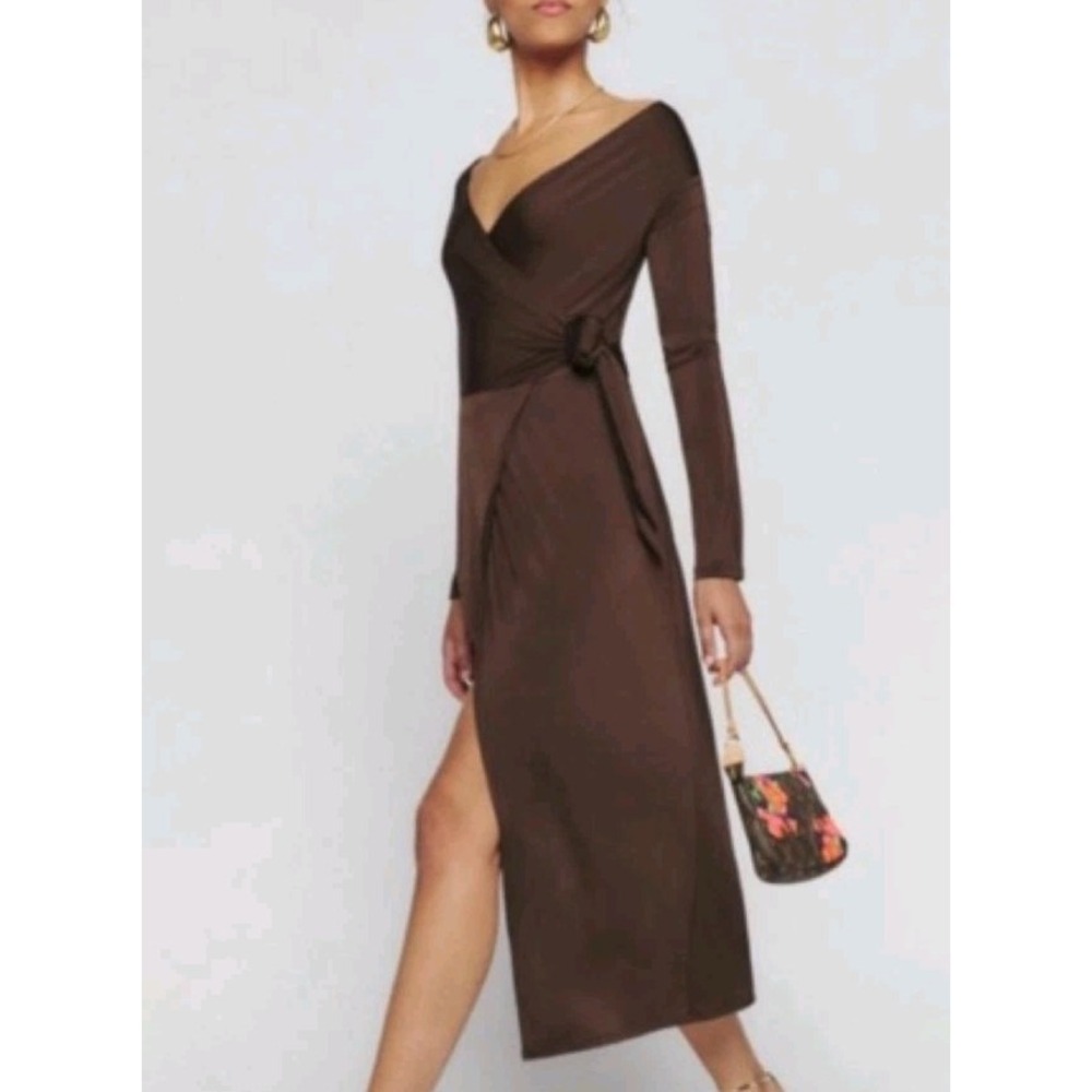 Reformation Brown Long Sleeve Wrap Dress Sz S Front Slit